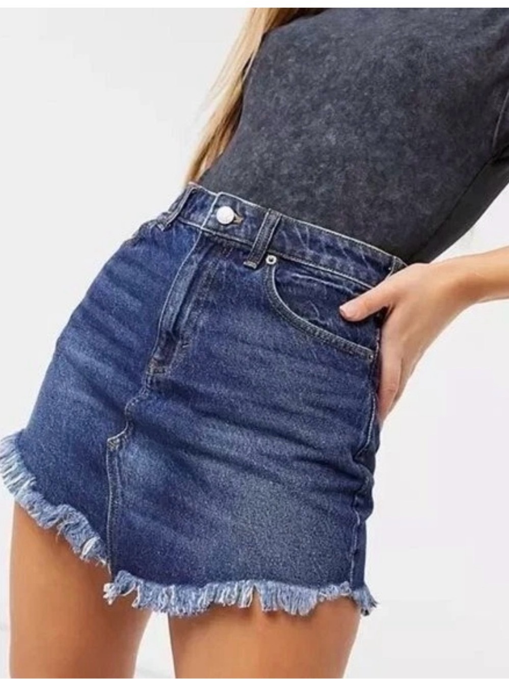 We The Freeβ Free People Bailey Fringe Denim Mini Skirt High Rise Blue 27
